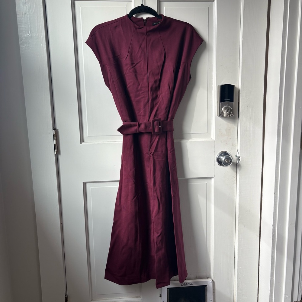 Ann Taylor Rich Burgundy Wine High Neck Modest Midi Dress w Belt Size L